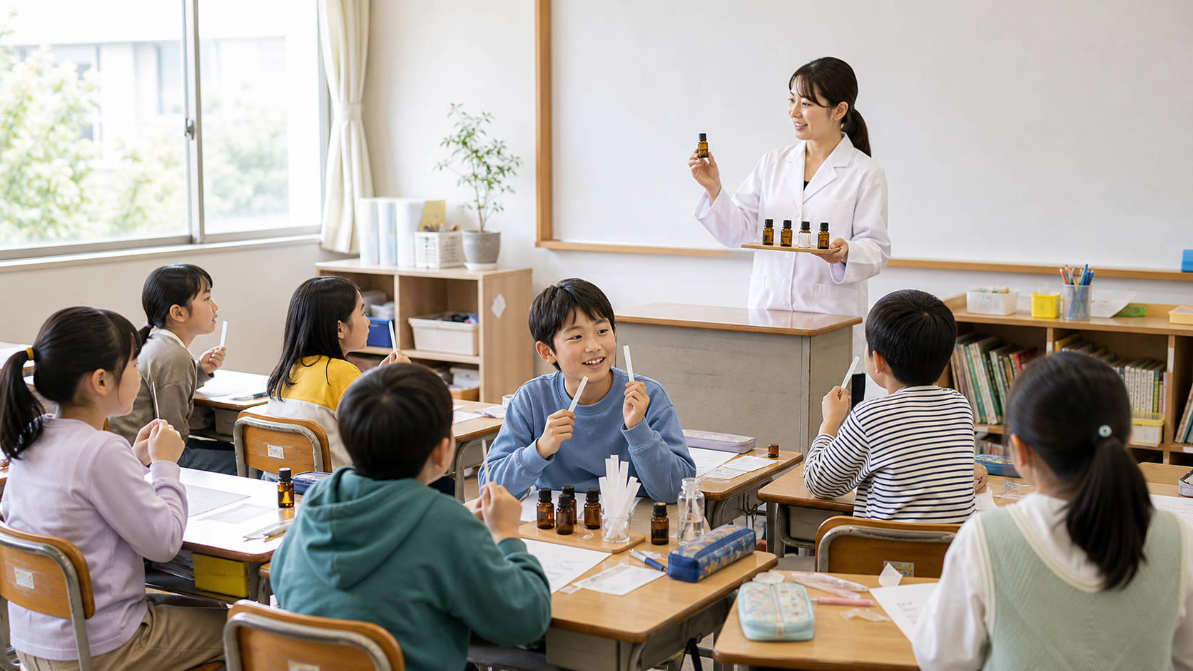 白衣の講師から香りについて学ぶ小学校授業のイメージ