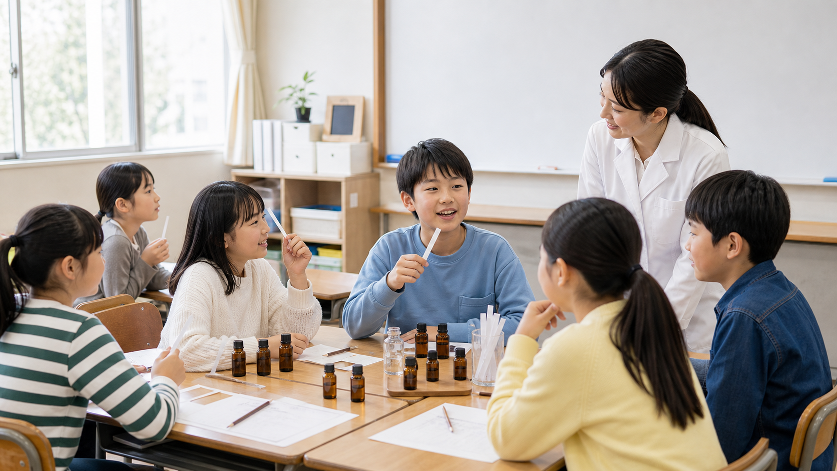 白衣の講師と香りから感じたことを児童同士で共有するイメージ