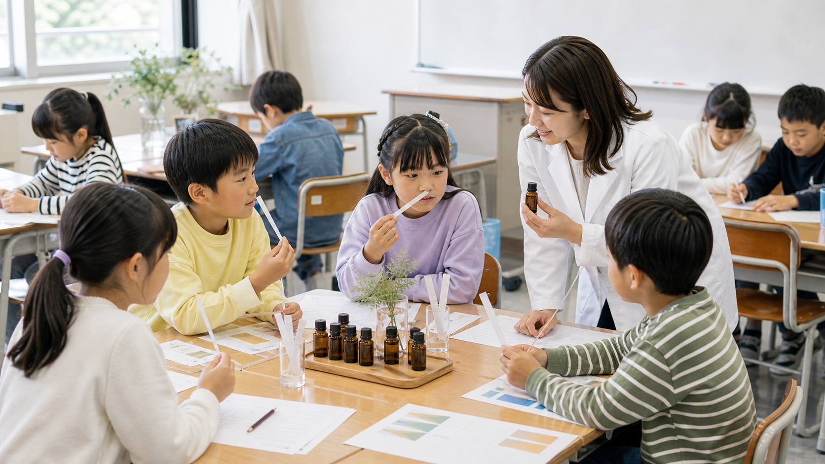 白衣の講師と小学校で香りの授業に取り組む児童のイメージ